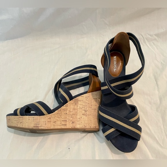 Merona Cork Wedge Heels. Size 8. Navy and Tan - Picture 5 of 7